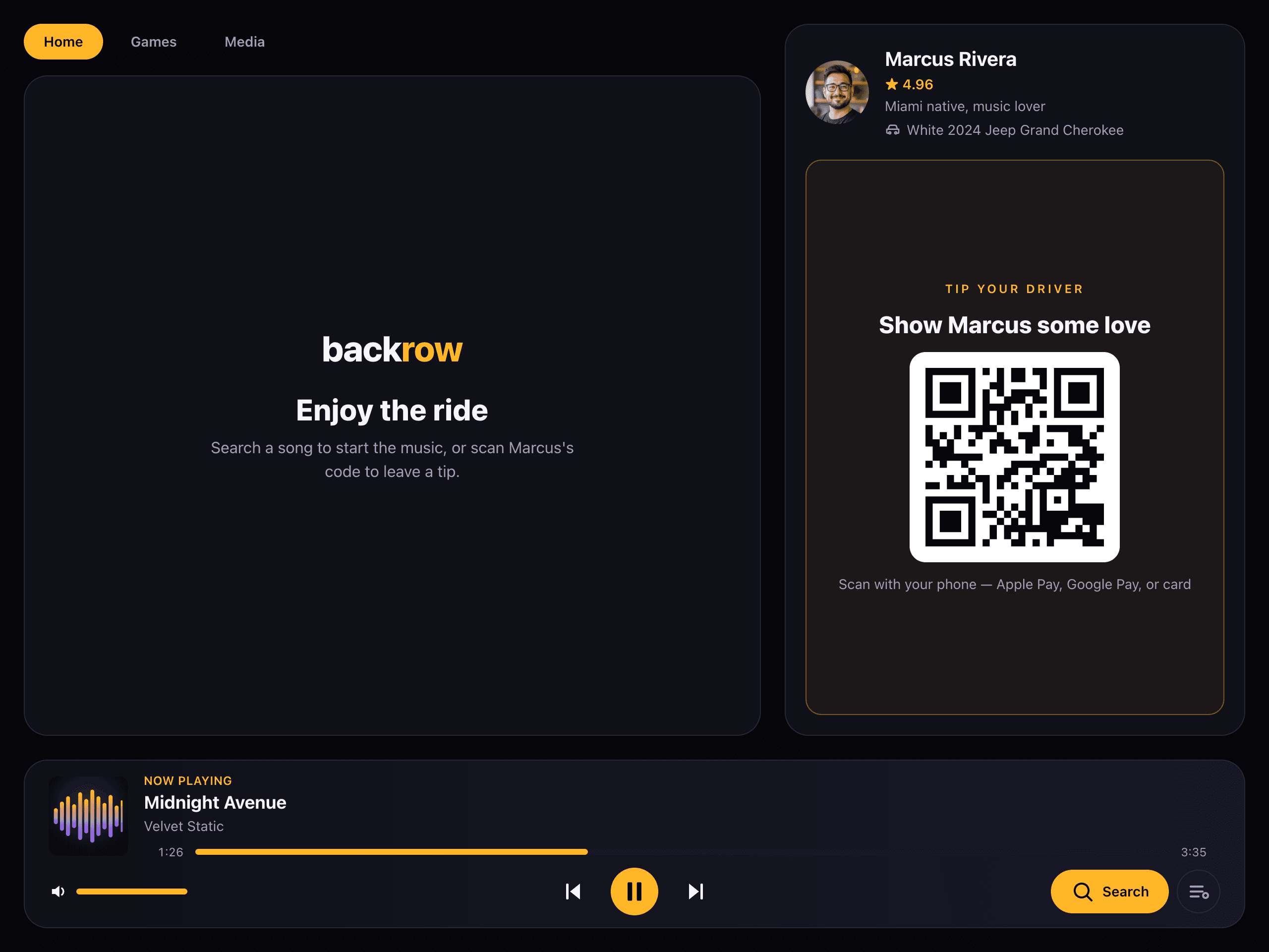 The BackRow kiosk: passengers queue songs and play games on the left, with the driver's profile and tip QR code on the right.